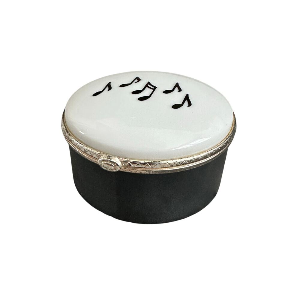 PHB Collection Music Notes Porcelain Hinged Trinket Box Round Black White